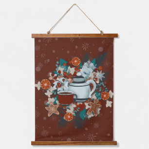 Cosy Red Cottagecore Winter Tea Scene Hanging Tapestry