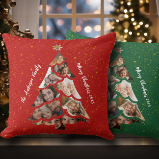 Cosy Red Green Christmas Tree Family Photo Collage Cushion