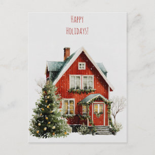 Cosy red house with festive decorations  holiday postcard
