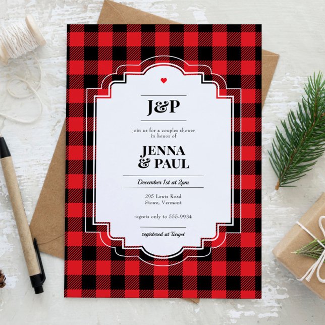 Cosy Red Plaid Winter Couples Bridal Shower Invitation (Creator Uploaded)