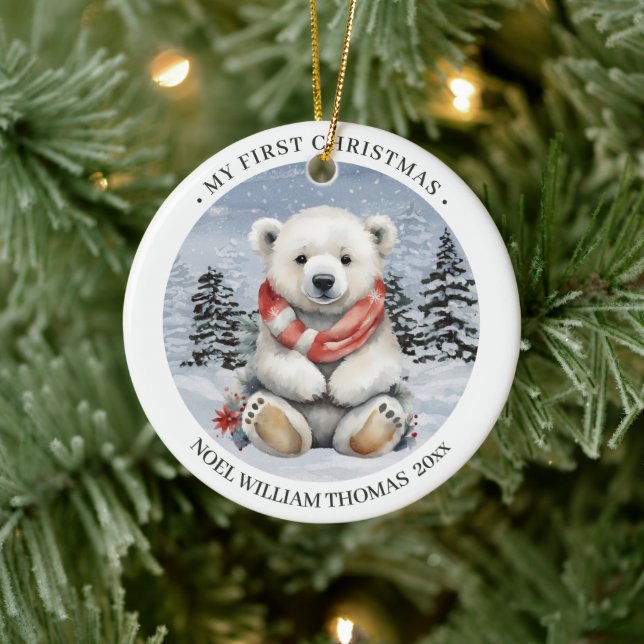 Cosy Red Scarf Polar Bear Baby's First Christmas Ceramic Tree Decoration (Tree)