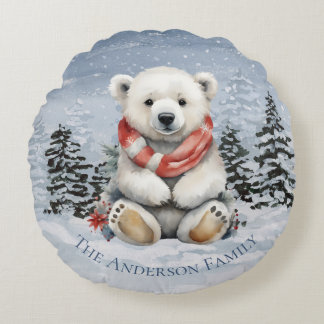 Cosy Red Scarf Polar Bear Christmas Round Cushion