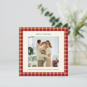 Cosy Red Tan Tartan Plaid Square Photo Christmas Holiday Card