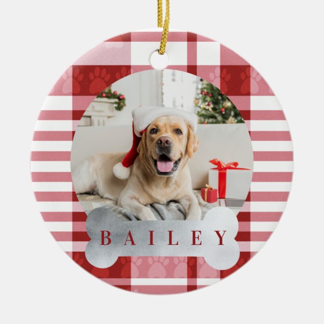 Cosy Red & White Plaid Paw Print Pet Photo Ceramic Tree Decoration (Front)