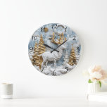 Cosy Reindeer Christmas Scene Large Clock<br><div class="desc">A stunning Christmas clock features a beautifully sculpted reindeer amid golden accents and lush evergreen trees.</div>