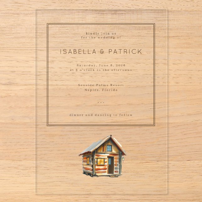 Cosy Rustic Cabin Illustration Acrylic Invitations (Front)