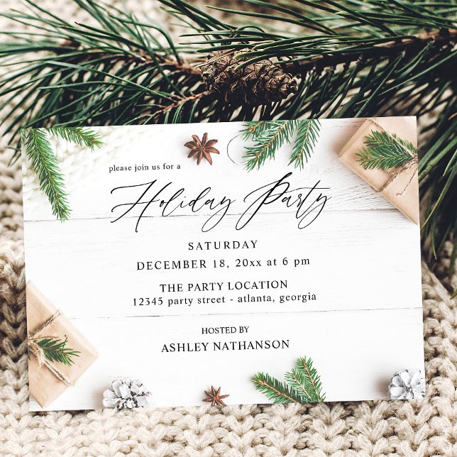Cosy Rustic Pine Leaves Holiday Party Invitation (Creator Uploaded)