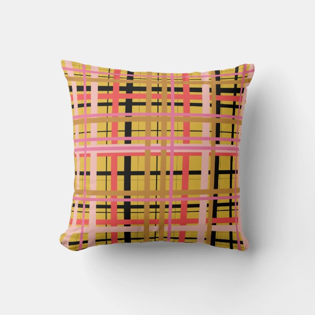 Cosy Rustic Retro Yellow Plaid Geometric Stripes Cushion (Front)