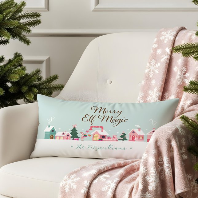 Cosy Santa North Pole Pink Elf Workshop Village Lumbar Cushion (Cozy Santa North Pole Pink Elf Workshop Village Lumbar Pillow)