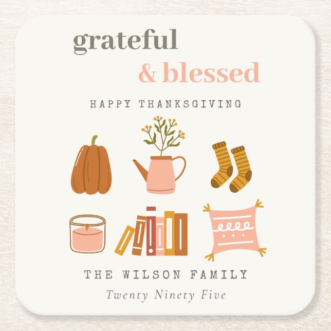 Cosy Scandi Autumn Essential Blush Thanksgiving Square Paper Coaster (Front)