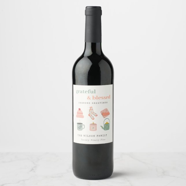 Cosy Scandi Winter Essential Seasons Greetings Wine Label (Front)