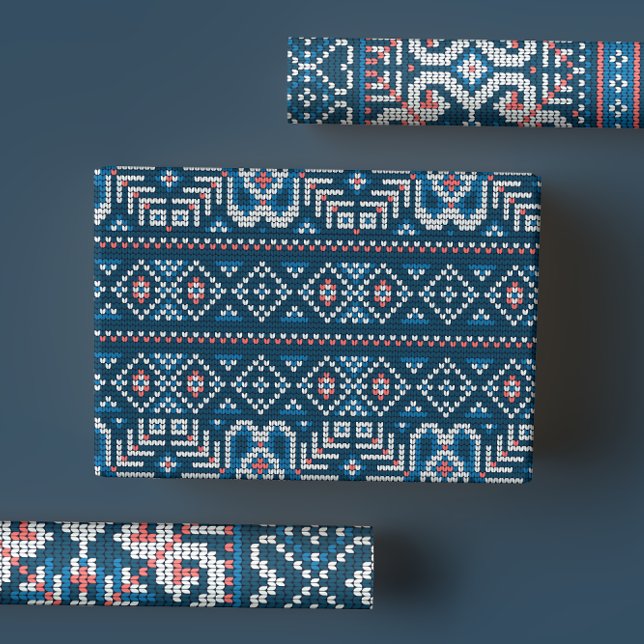 Cosy Scandinavian Blue & Peach Winter Sweater Wrapping Paper Sheet (Creator Uploaded)