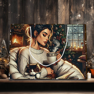Cosy Scene   Woman Drinking Cocoa Christmas Large Gift Bag