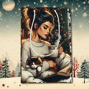 Cosy Scene   Woman Drinking Cocoa Christmas Medium Gift Bag