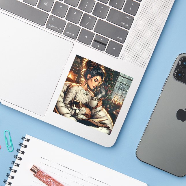 Cosy Scene | Woman Drinking Cocoa with Cat (Laptop w/ iPhone)