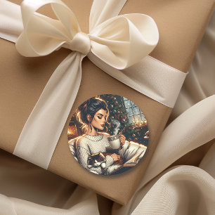Cosy Scene   Woman Drinking Cocoa with Cat Classic Round Sticker