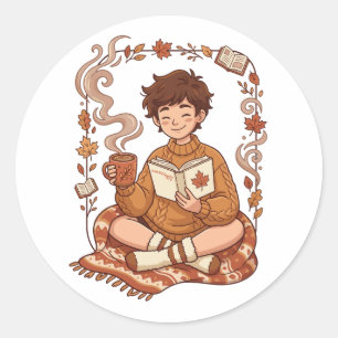 Cosy Season Autumn Reader Book Lover Cute Fall Classic Round Sticker