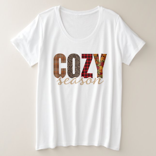 Cosy Season Plaid Leopard Fall Vibes Plus Size T-Shirt (Design Front)