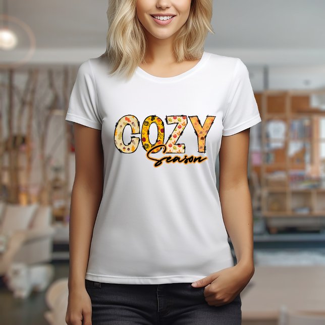 Cosy season t-shirt  (Cozy season t-shirt design with doodle letters and autumn patterns)