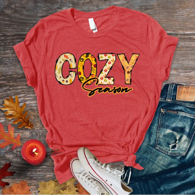 Cosy season t-shirt  (Cozy season doodle letters t-shirt design with floral autumn patterns)