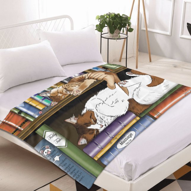 Cosy Sleeping Cats Bookshelf Illustration Cute Fleece Blanket (Creator Uploaded)