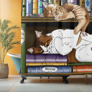 Cosy Sleeping Cats Bookshelf Illustration Cute Shower Curtain