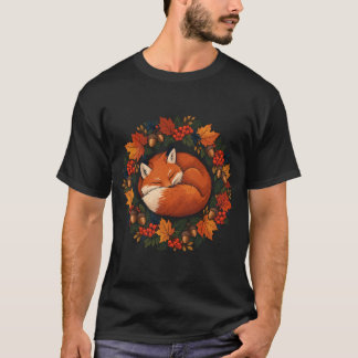 Cosy Sleeping Fox Curled In Autumn Leaves Wreath T-Shirt