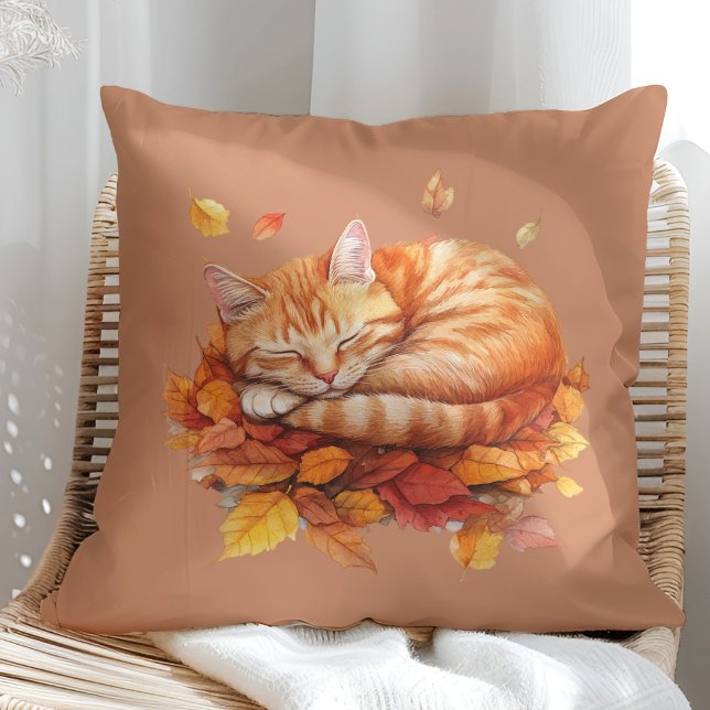 Cosy Sleeping Ginger Cat Terracotta Pillow (Cozy Sleeping Ginger Cat Terracotta Pillow on a sunny boho armchair)