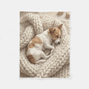 Cosy Sleeping Puppy On Knit Blanket Fleece Blanket