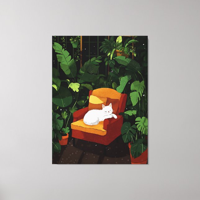 Cosy Sleeping White Cat Illustration Art Canvas Print (Front)