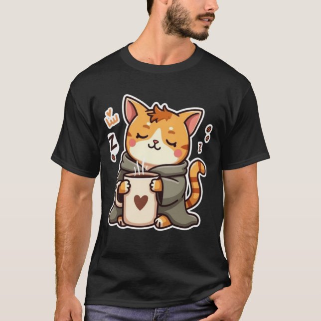 Cosy Sleepy Cat With Coffee Mug T-Shirt (Front)