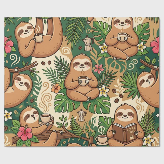 Cosy Sloth Coffee Cafe Wrapping Paper (Flat)