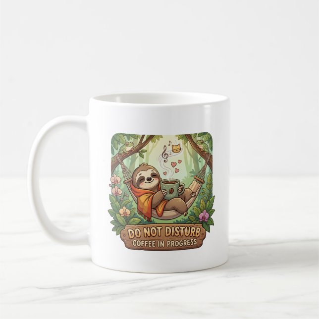 Cosy Sloth with Coffee and Do Not Disturb Text Mug (Left)