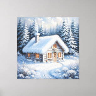 Cosy Snow-Covered Cabin in a Picturesque Winter Canvas Print