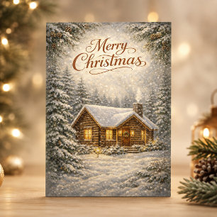 Cosy Snow Covered Cabin Merry Christmas Holiday Card