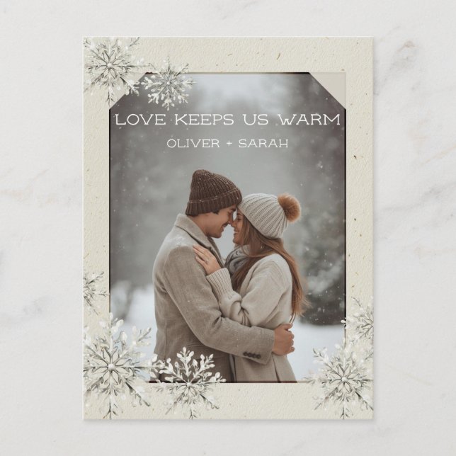 Cosy Snowflake Love keeps us warm couple photo Holiday Postcard (Front)