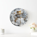 Cosy Snowman Christmas Decor Large Clock<br><div class="desc">A delightful winter scene features charming Christmas clocks surrounded by snowy pine trees and a joyful snowman adorned with a golden hat. Stars twinkle in the frosty air,  creating a whimsical atmosphere perfect for the holiday spirit.</div>