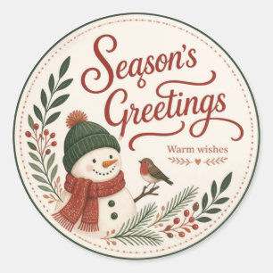 Cosy Snowman Season’s Greetings Rustic Christmas Classic Round Sticker