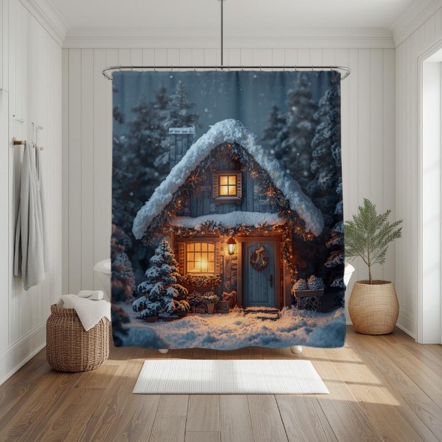 Cosy Snowy Cabin Christmas Winter Forest Shower Curtain (Creator Uploaded)