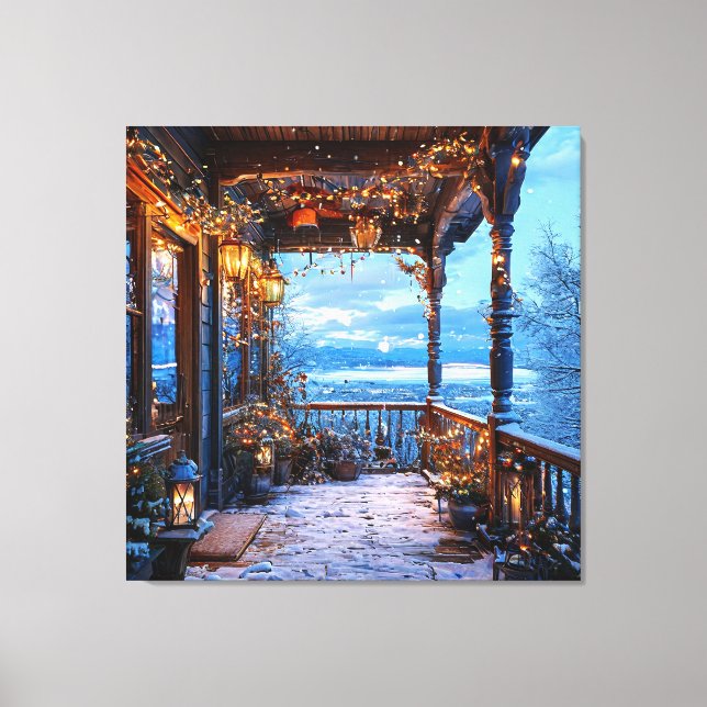 Cosy Snowy Porch Decorated With Christmas Lights Canvas Print (Front)