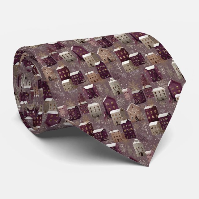 Cosy Snowy Winter Village Pattern (1) Tie (Rolled)