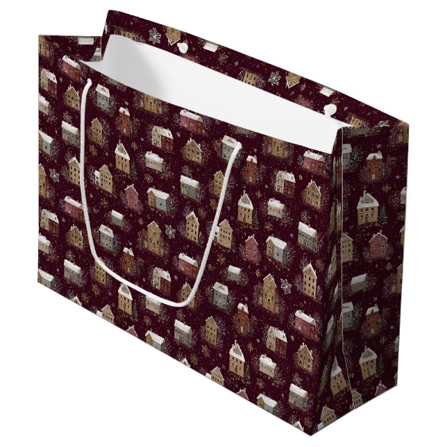 Cosy Snowy Winter Village Pattern (2) Large Gift Bag (Front Angled)