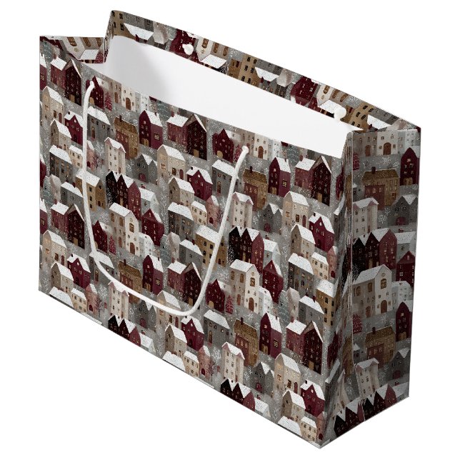Cosy Snowy Winter Village Pattern (3) Large Gift Bag (Front Angled)