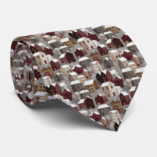 Cosy Snowy Winter Village Pattern (3) Tie