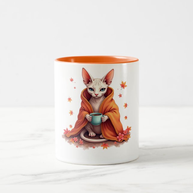 Cosy Sphynx Cat Mug - Autumn Fall Blanket & Coffee (Center)