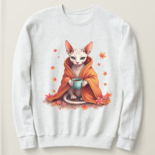 Cosy Sphynx Cat Wrapped in Blanket with Coffee – P Sweatshirt