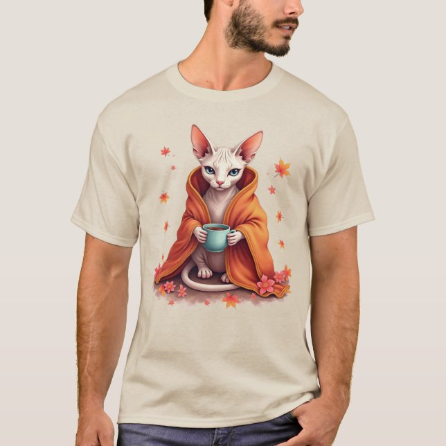 Cosy Sphynx Cat Wrapped in Blanket with Coffee – P T-Shirt (Front)