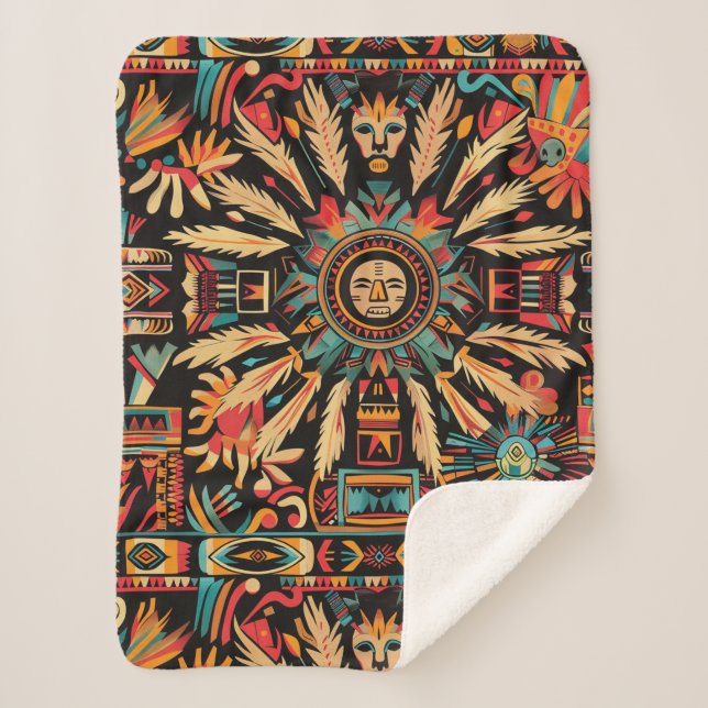 Cosy Teal "Aztec Dream" Plush Sherpa Blanket (Front)