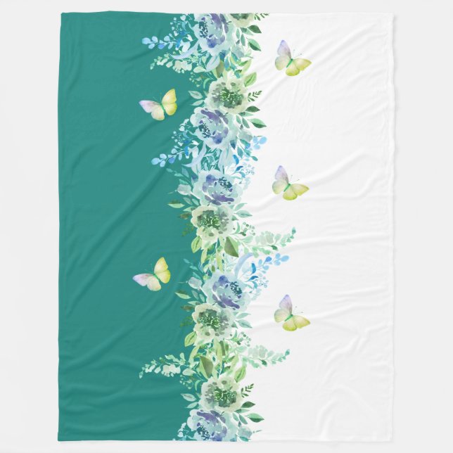 Cosy Teal Floral and Butterfly Sherpa Throw Fleece Blanket (Front)