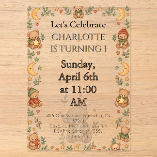 Cosy Teddy Bear Birthday Acrylic Invitations